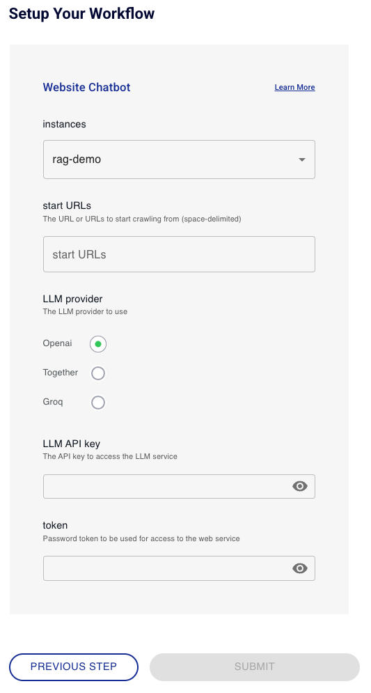 Website Chatbot setup screen start URLs