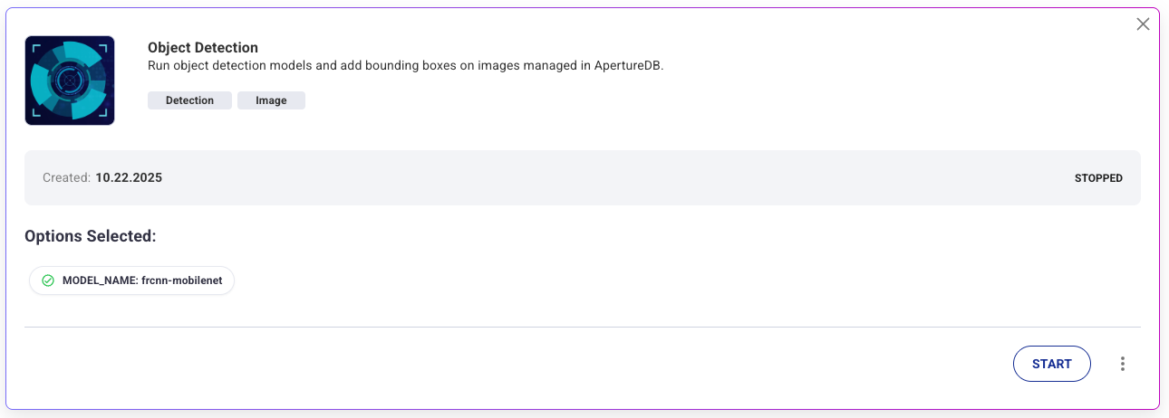 A stopped workflow can be restarted by pressing the START button