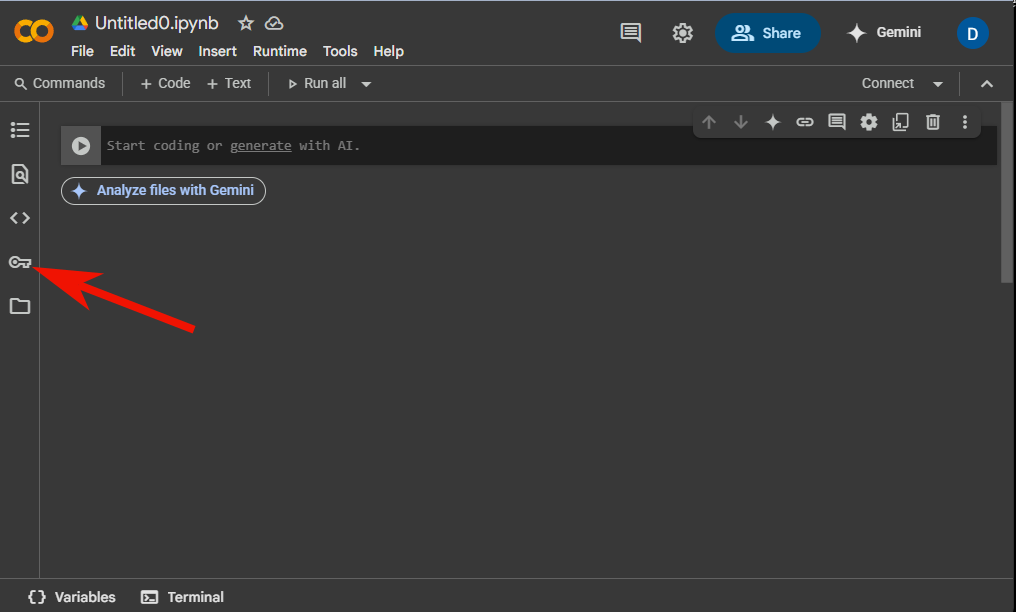 Opening the Google Colab secrets menu