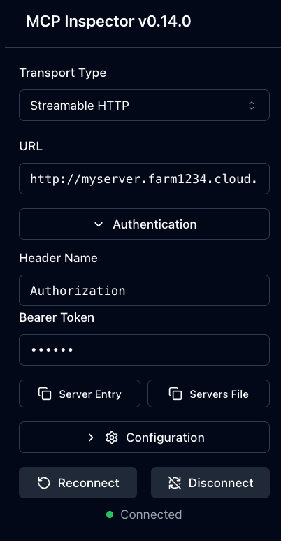Entering URL and bearer token in the MCP Inspector